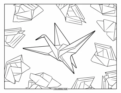 Coloriage de la lettre O pour enfants : Grue en origami aux lignes nettes avec des pliages de papier éparpillés autour