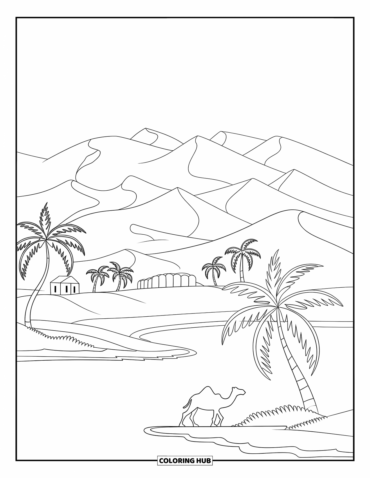 Letter O Coloring Page for Kids: Dunes and palm trees surround a peaceful oasis with a camel and shelter
