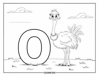 Coloriage de la lettre O pour enfants : Lettre O à côté d'une autruche curieuse sur de l'herbe verte