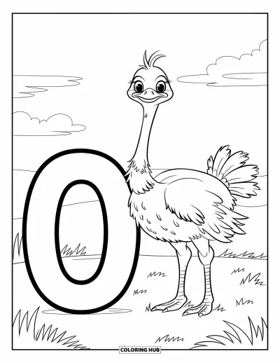 Coloriage de la lettre O pour enfants : O à côté d'une autruche curieuse debout sur de l'herbe