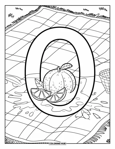 Coloriage de la lettre O pour enfants : O se fond dans une scène de pique-nique remplie d'oranges, de tranches et d'éclaboussures de jus