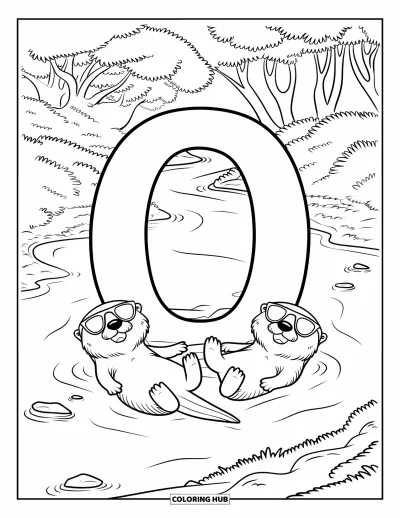 Coloriage de la lettre O pour enfants : O flotte sur une rivière avec deux loutres qui se tiennent par la main à côté