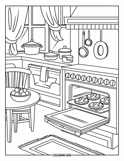 Coloriage de la lettre O pour enfants : O dans une cuisine douillette avec des biscuits qui cuisent dans le four