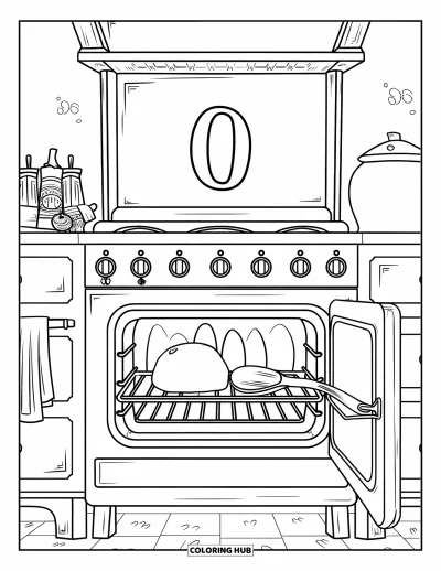 Coloriage de la lettre O pour enfants : O dans une cuisine rustique avec des biscuits au four et des épices à proximité