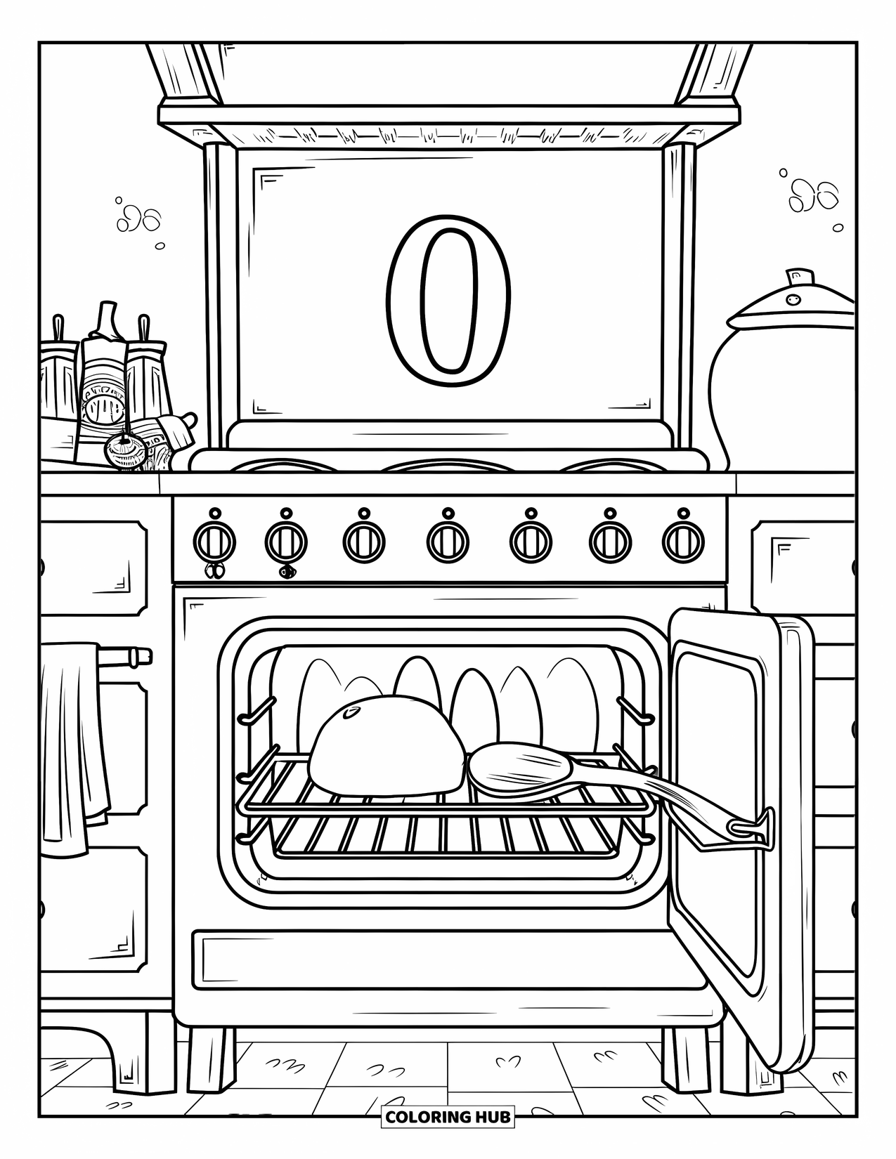 Letter O Coloring Page for Kids: O in a vintage kitchen with cookies baking and spices nearby