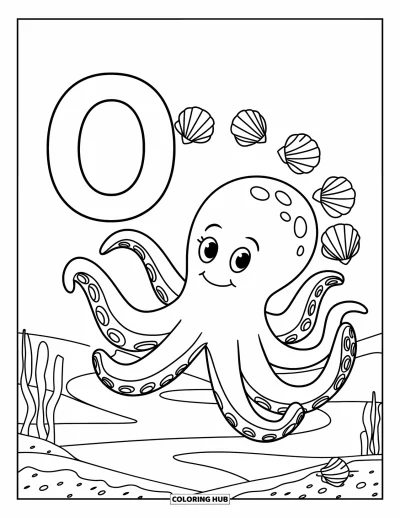 Coloriage de la lettre O pour enfants : O près d'une pieuvre jongleuse sous l'eau sur un fond sableux