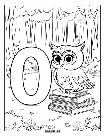Coloriage de la lettre O pour enfants : O à côté d'un hibou sur des livres entouré d'arbres et de feuilles d'automne