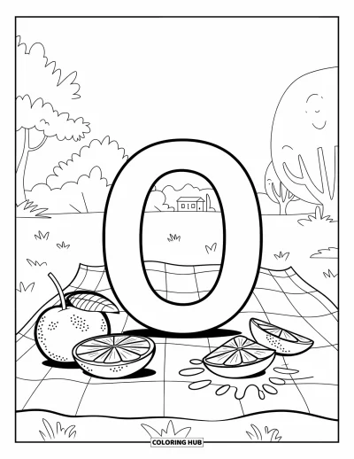Coloriage de la lettre O pour enfants : O sur une couverture de pique-nique avec des tranches d'orange et des éclaboussures de jus