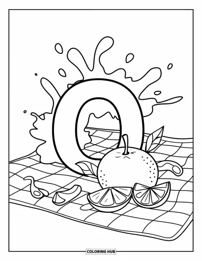 Coloriage de la lettre O pour enfants : O entouré d'oranges et de jus lors d'un pique-nique ensoleillé