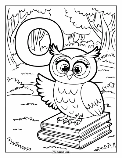 Coloriage de la lettre O pour enfants : O avec un hibou espiègle sur des livres entouré d'arbres