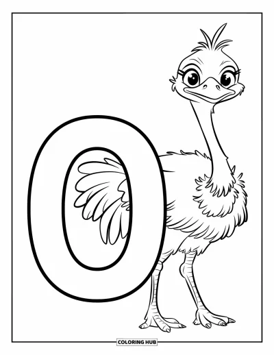 Coloriage de la lettre O pour enfants : O avec une autruche toute fière se tenant debout à proximité