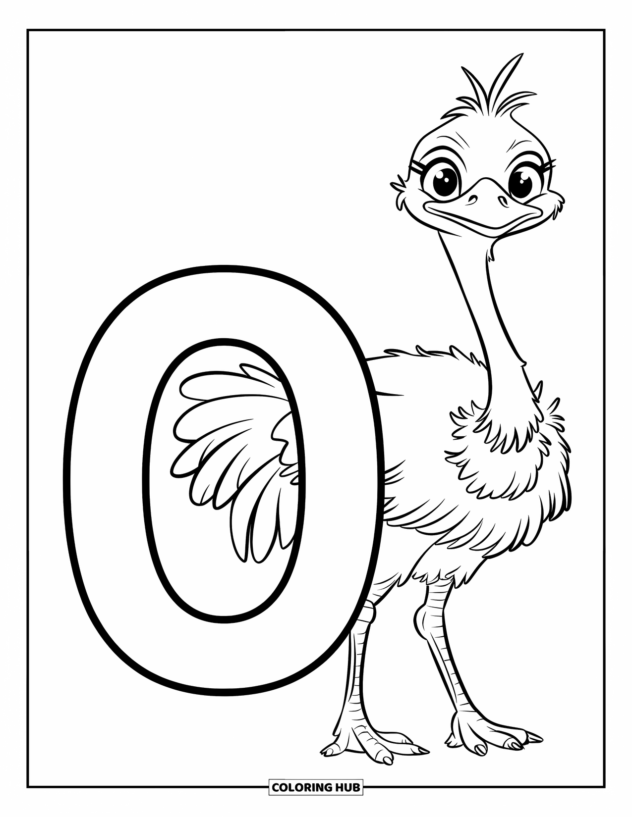 Letter O Coloring Page for Kids: O with a puffed-up ostrich standing proudly nearby