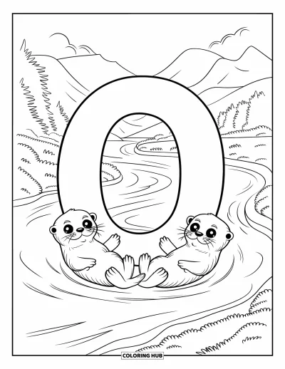 Coloriage de la lettre O pour enfants : O avec des loutres flottant joyeusement sur une rivière paisible