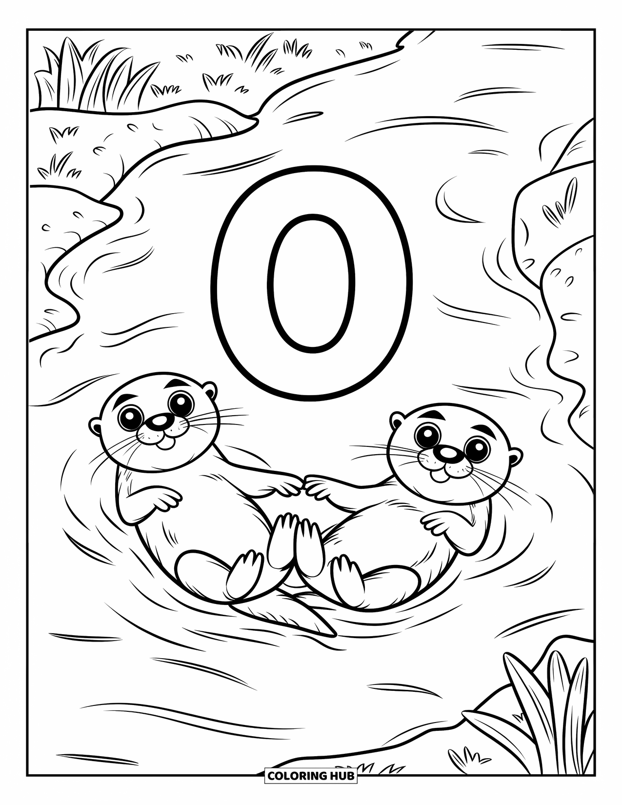 Letter O Coloring Page for Kids: O with smiling otters floating on their backs in a gentle stream