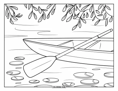 Coloriage de la lettre O pour enfants : Rame appuyée contre une barque sur un lac calme avec des nénuphars
