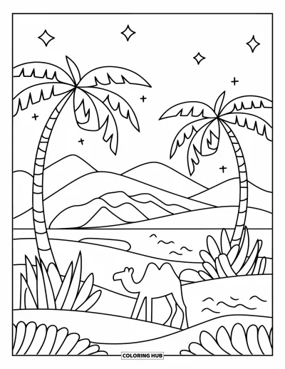 Coloriage de la lettre O pour enfants : Oasis avec des palmiers, des dunes douces et un petit chameau