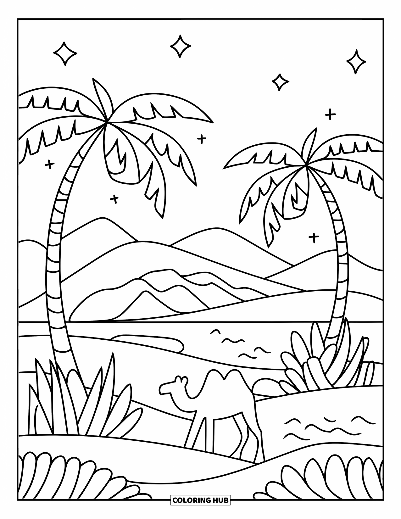 Letter O Coloring Page for Kids: Oasis with palm trees, soft dunes, and a tiny camel