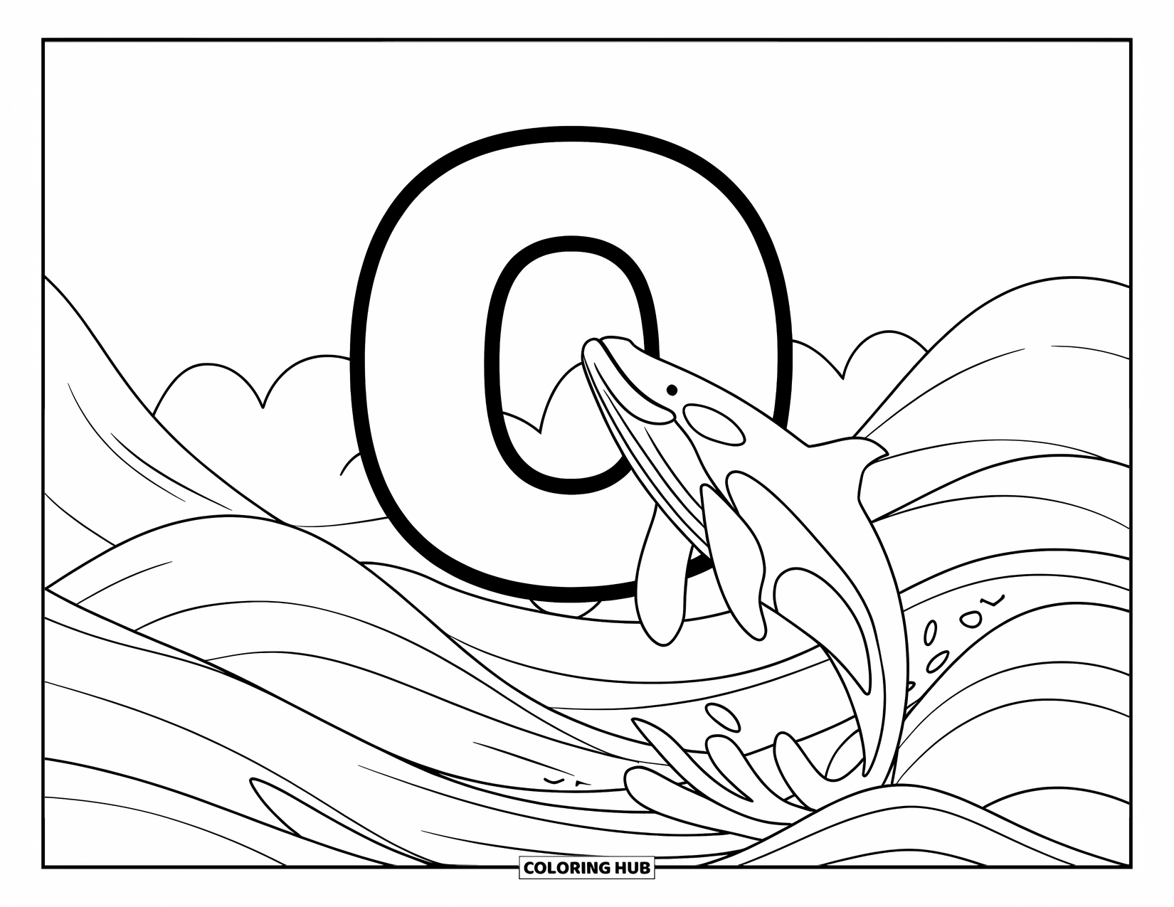 Letter O Coloring Page for Kids: Ocean waves swirl around the letter O as an orca leaps nearby
