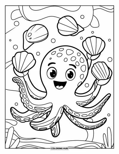 Coloriage de la lettre O pour enfants : Pieuvre jonglant avec des coquillages à côté du O dans une scène sous-marine