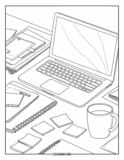 Coloriage de la lettre O pour enfants : Bureau avec un ordinateur portable, une tasse, des cahiers et des notes autocollantes
