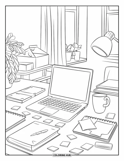 Coloriage de la lettre O pour enfants : Bureau avec une plante, une fenêtre et les essentiels d'un espace de travail chaleureux