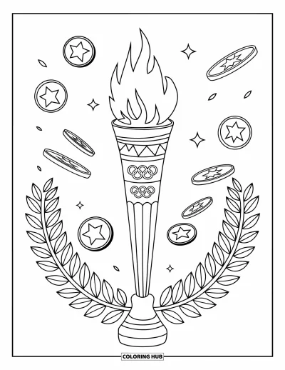Coloriage de la lettre O pour enfants : Torche olympique avec des flammes montantes, des médailles et des feuilles de laurier
