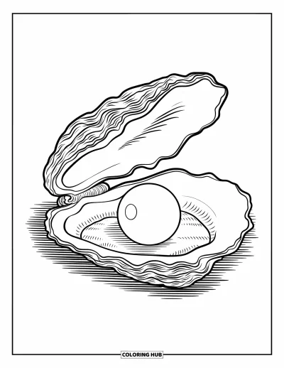 Coloriage de la lettre O pour enfants : Coquille d'huître ouverte révélant une perle sur un fond de sable