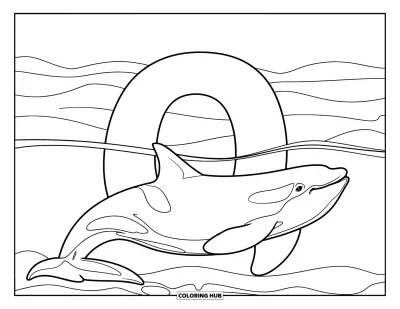 Coloriage de la lettre O pour enfants : Un orque nage à côté d'une lettre O flottant dans la mer