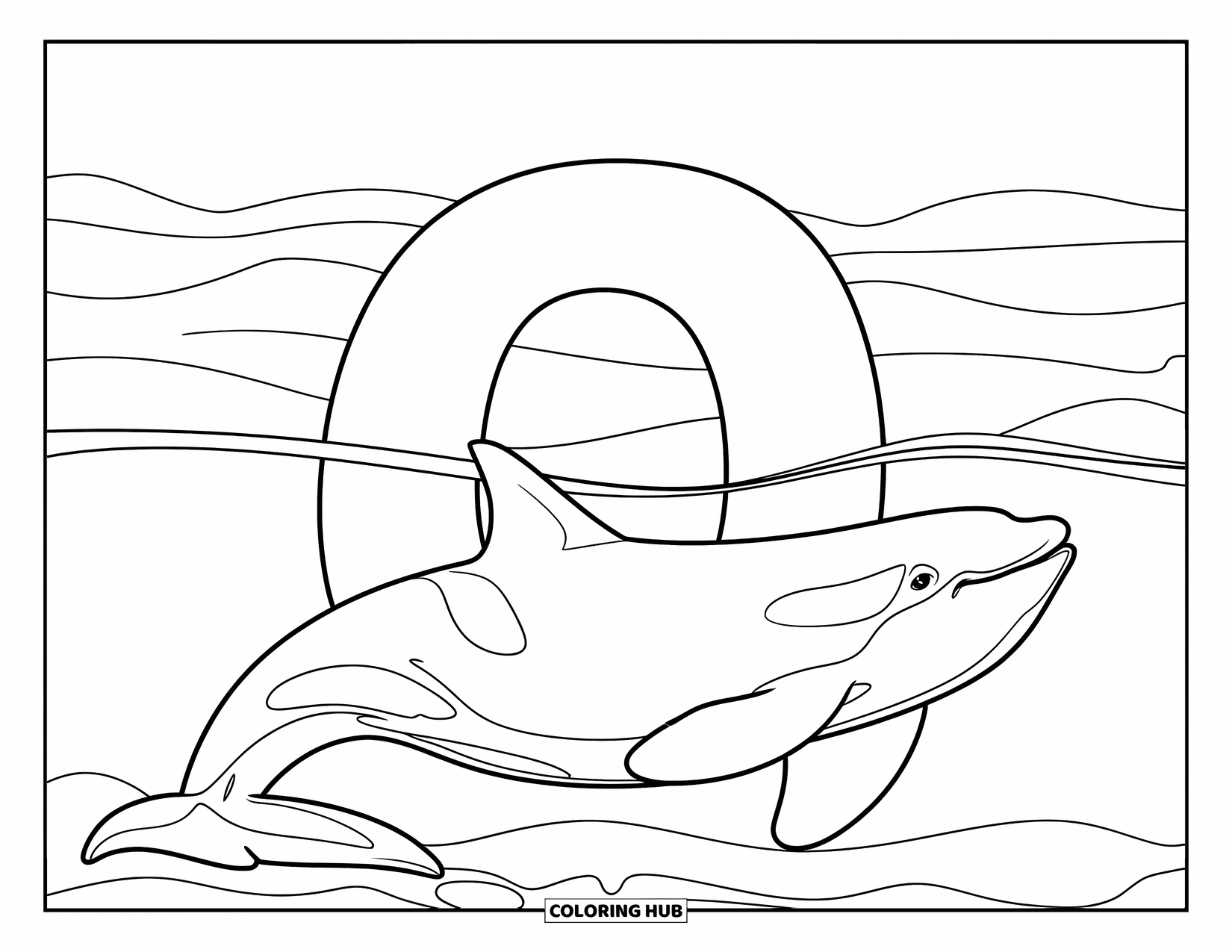 Letter O Coloring Page for Kids: Orca swims beside a floating letter O in the sea