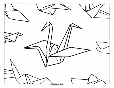 Coloriage de la lettre O pour enfants : Grue en origami aux ailes déployées avec des papiers éparpillés dans une composition moderne
