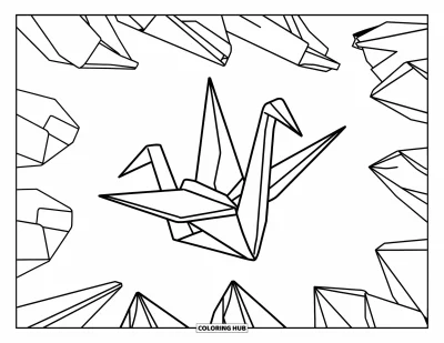 Coloriage de la lettre O pour enfants : Grue en origami aux ailes déployées parmi des pliages de papier éparpillés