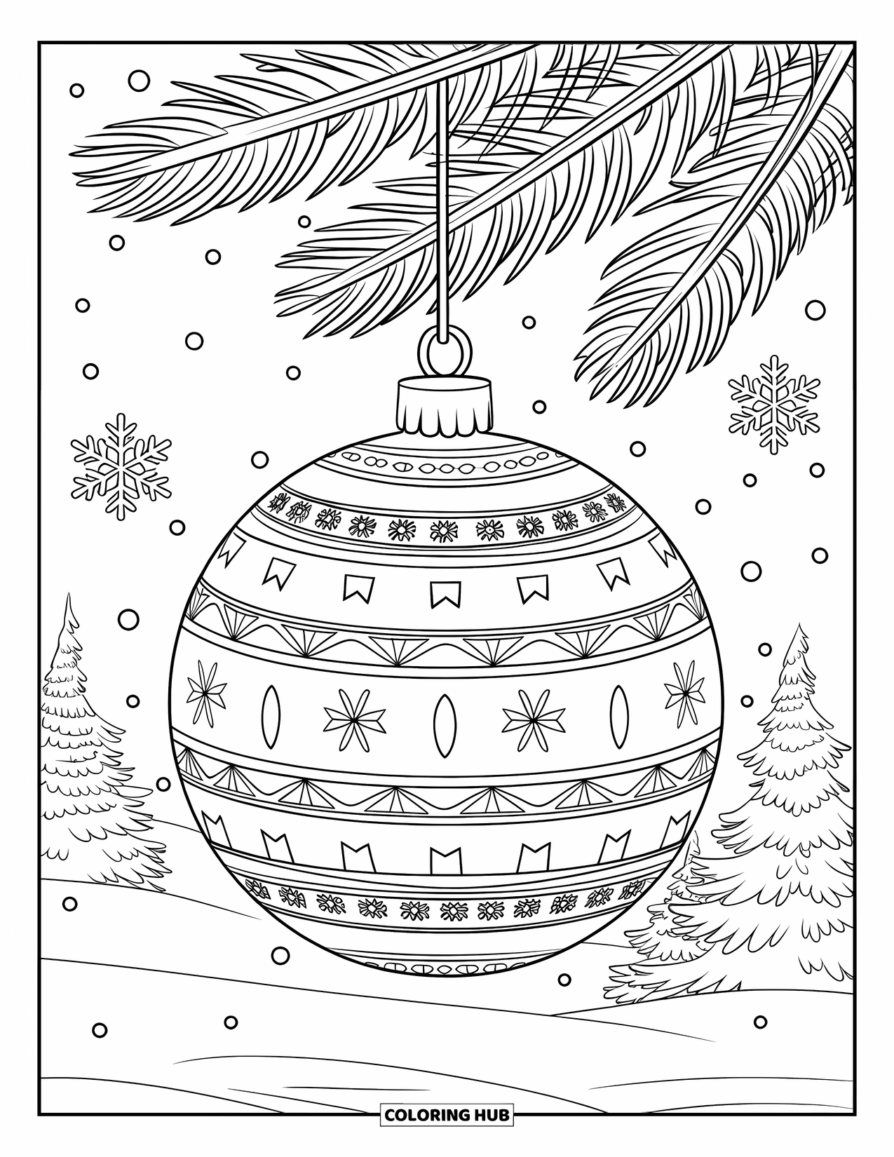 Letter O Coloring Page for Kids: Ornament hanging from a pine branch with falling snowflakes