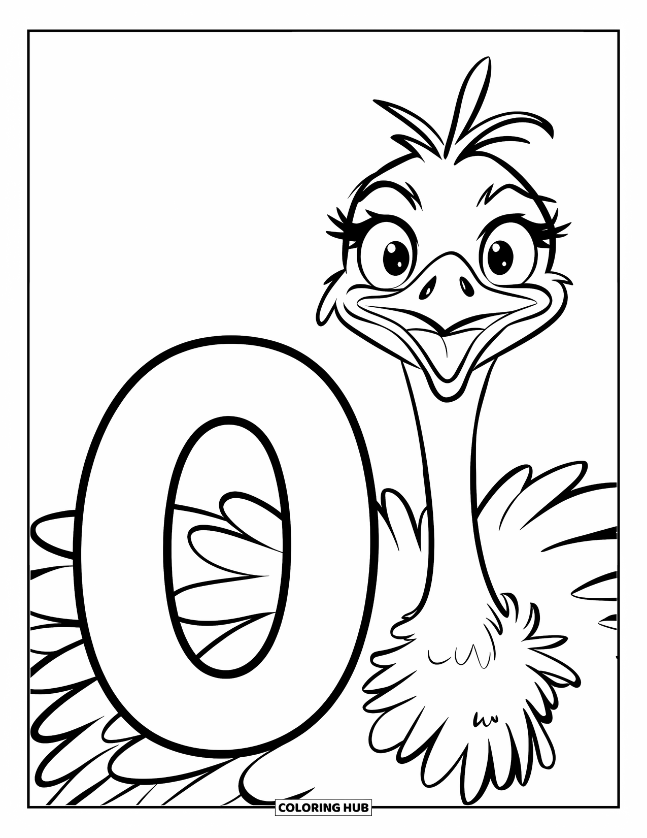 Letter O Coloring Page for Kids: Ostrich and O together in a calm, simple outdoor scene