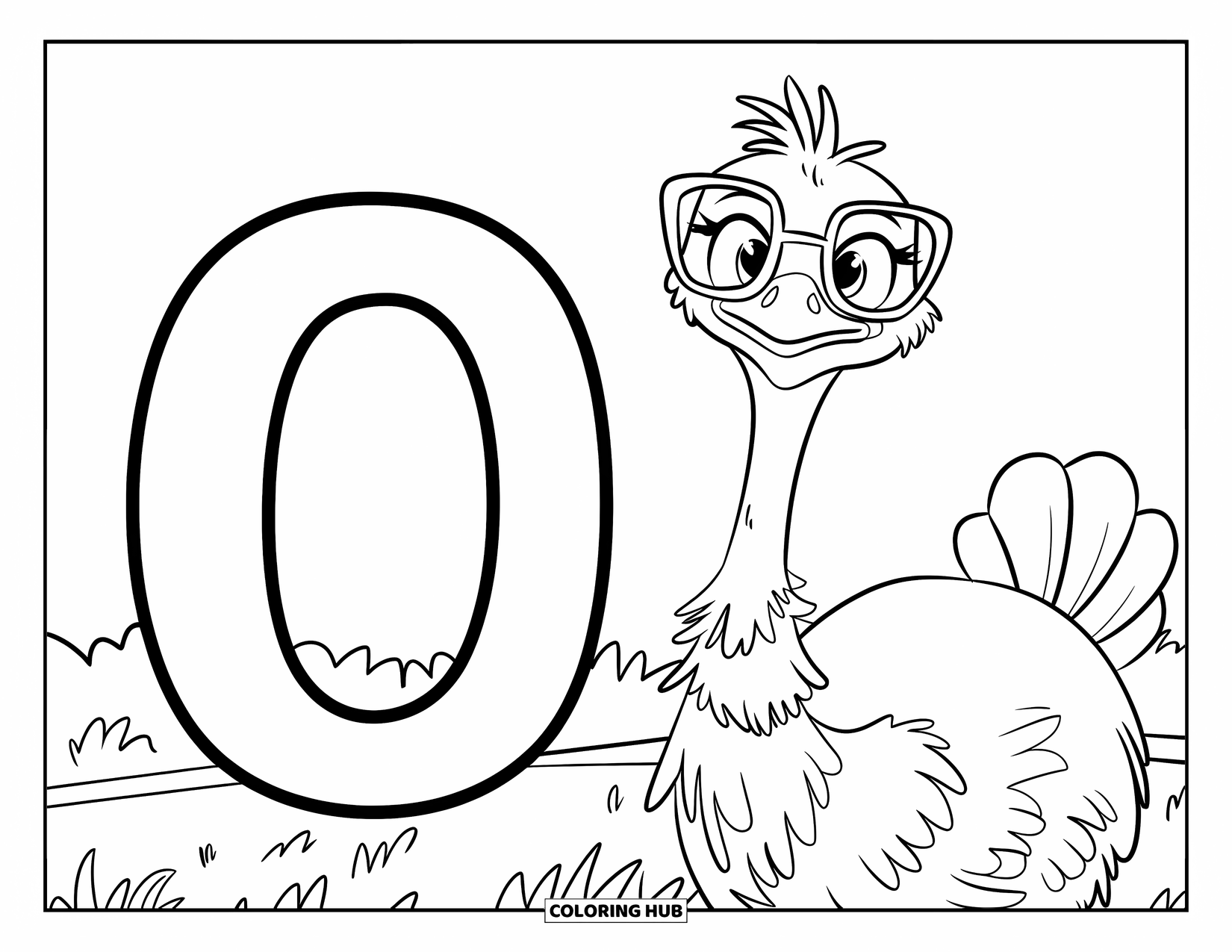 Letter O Coloring Page for Kids: Ostrich in glasses next to a round letter O on the grass
