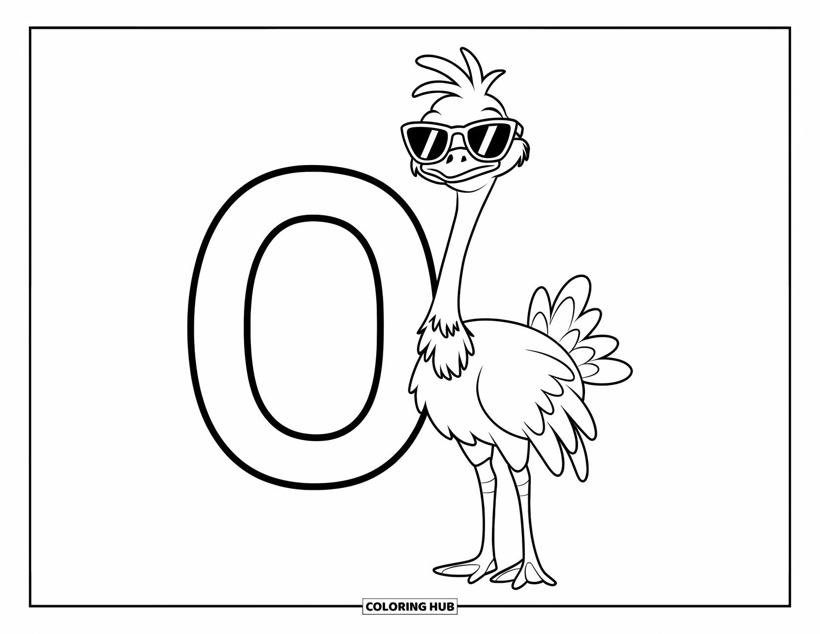 Letter O Coloring Page for Kids: Ostrich with fluffy feathers stands beside a big letter O