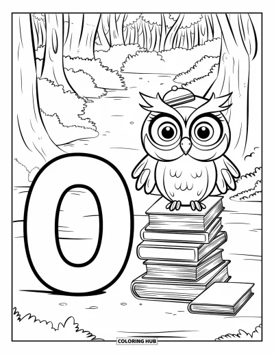 Coloriage de la lettre O pour enfants : Un hibou coiffé d'un petit chapeau assis sur des livres à côté du O dans la forêt