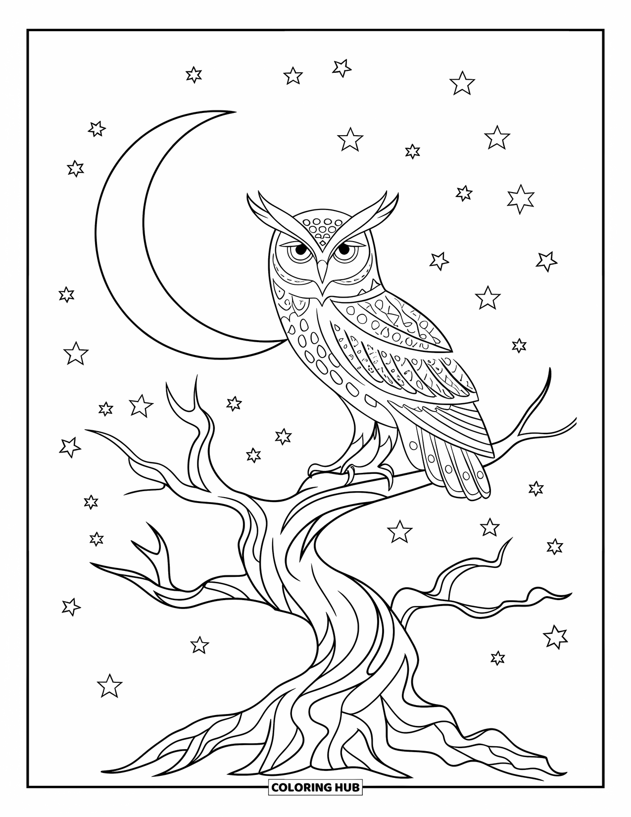 Letter O Coloring Page for Kids: Owl perched on a twisty tree under a crescent moon and stars