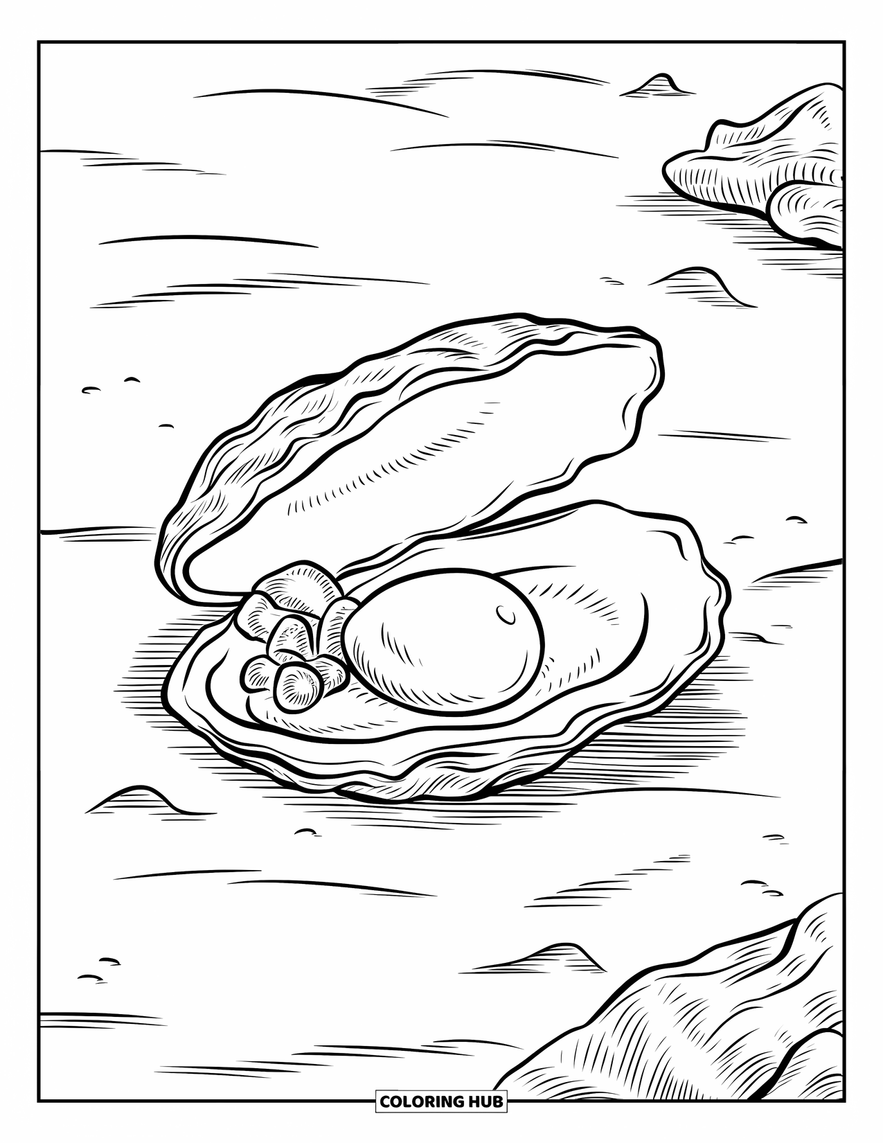 Letter O Coloring Page for Kids: Oyster shell with a pearl resting on the ocean floor