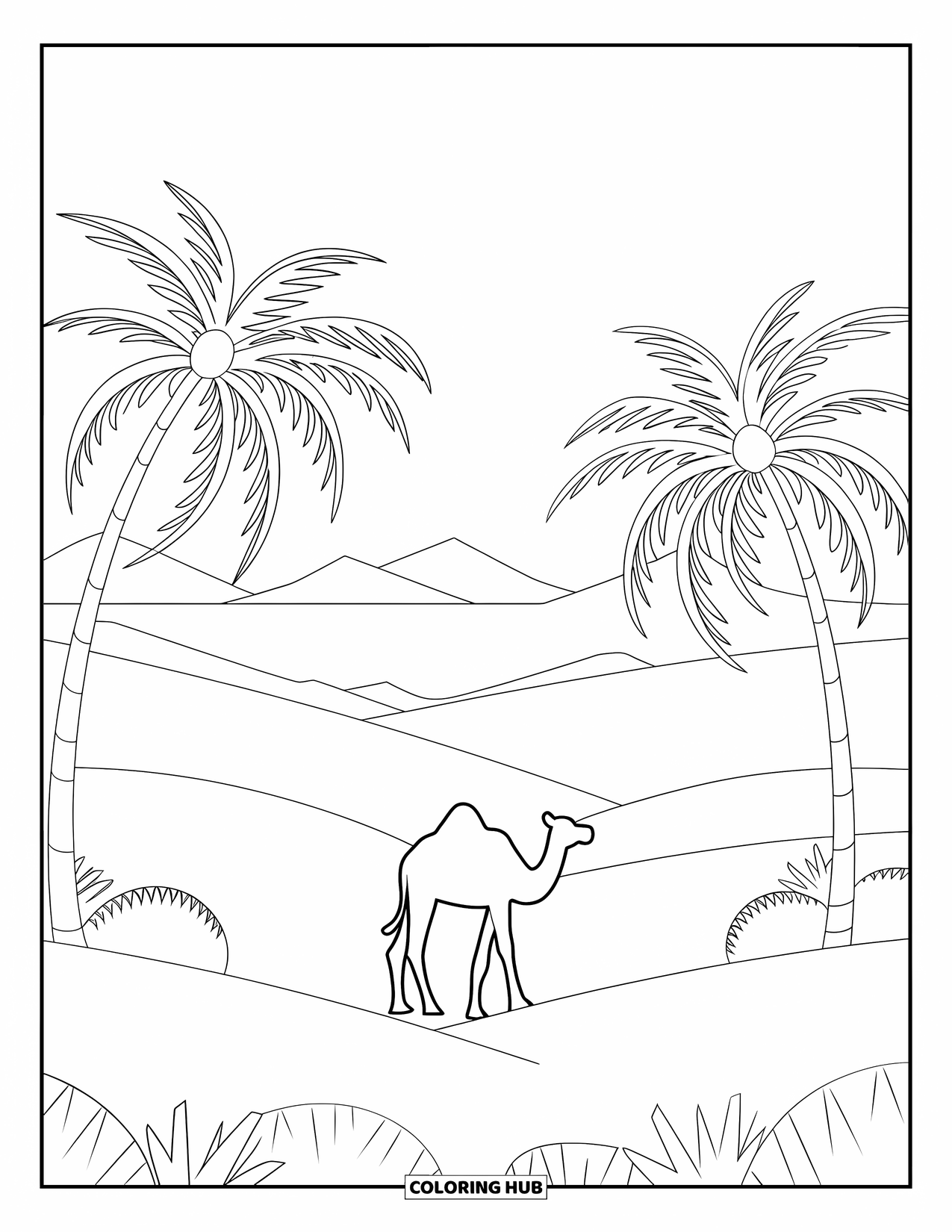 Letter O Coloring Page for Kids: Palm-lined desert oasis with dunes and distant mountains