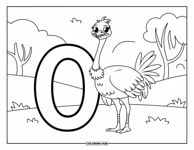 Coloriage de la lettre O pour enfants : Autruche espiègle et lettre O debout dans un champ simple
