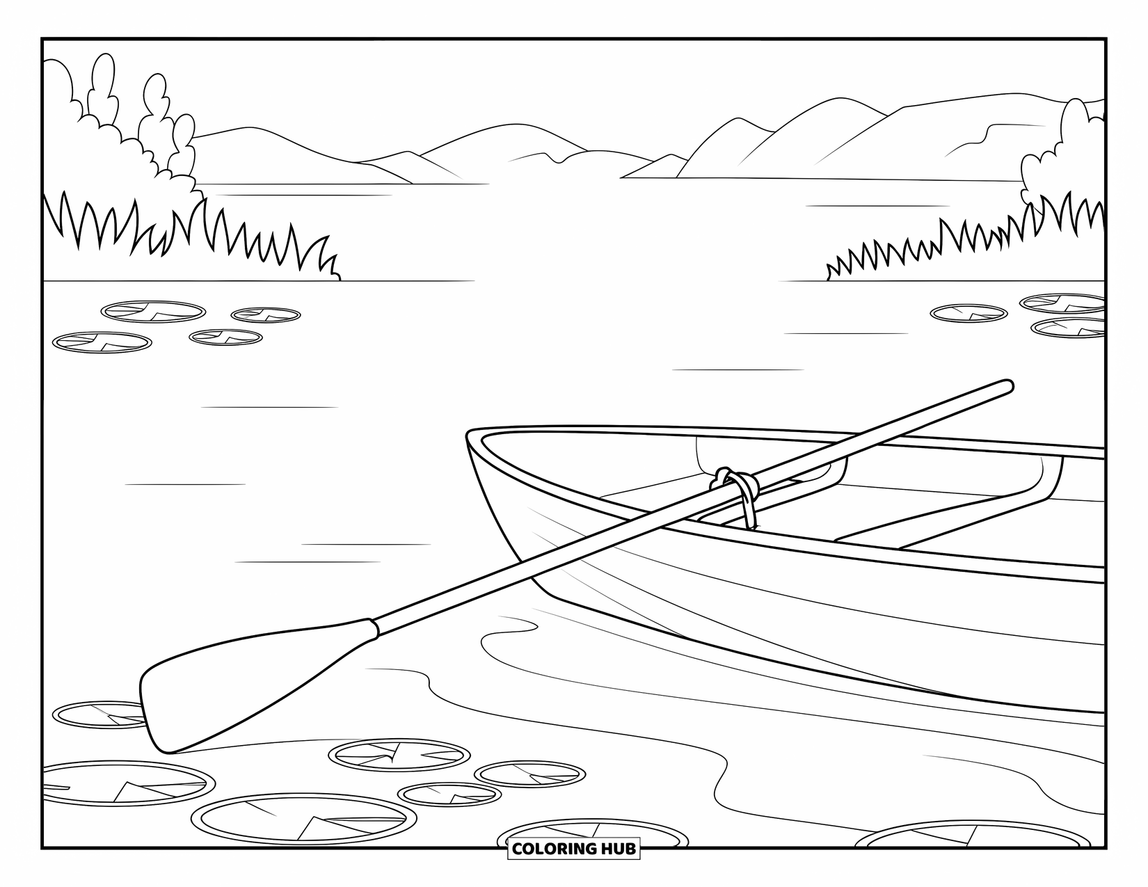 Letter O Coloring Page for Kids: Quiet lake scene with an oar and rowboat near lily pads and trees