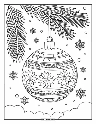 Coloriage de la lettre O pour enfants : Branche de pin enneigée avec une boule de Noël suspendue et de douces flocons de neige
