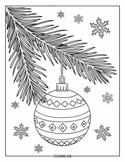 Coloriage de la lettre O pour enfants : Boule de Noël hivernale se balançant sur une branche de pin pendant qu'il neige
