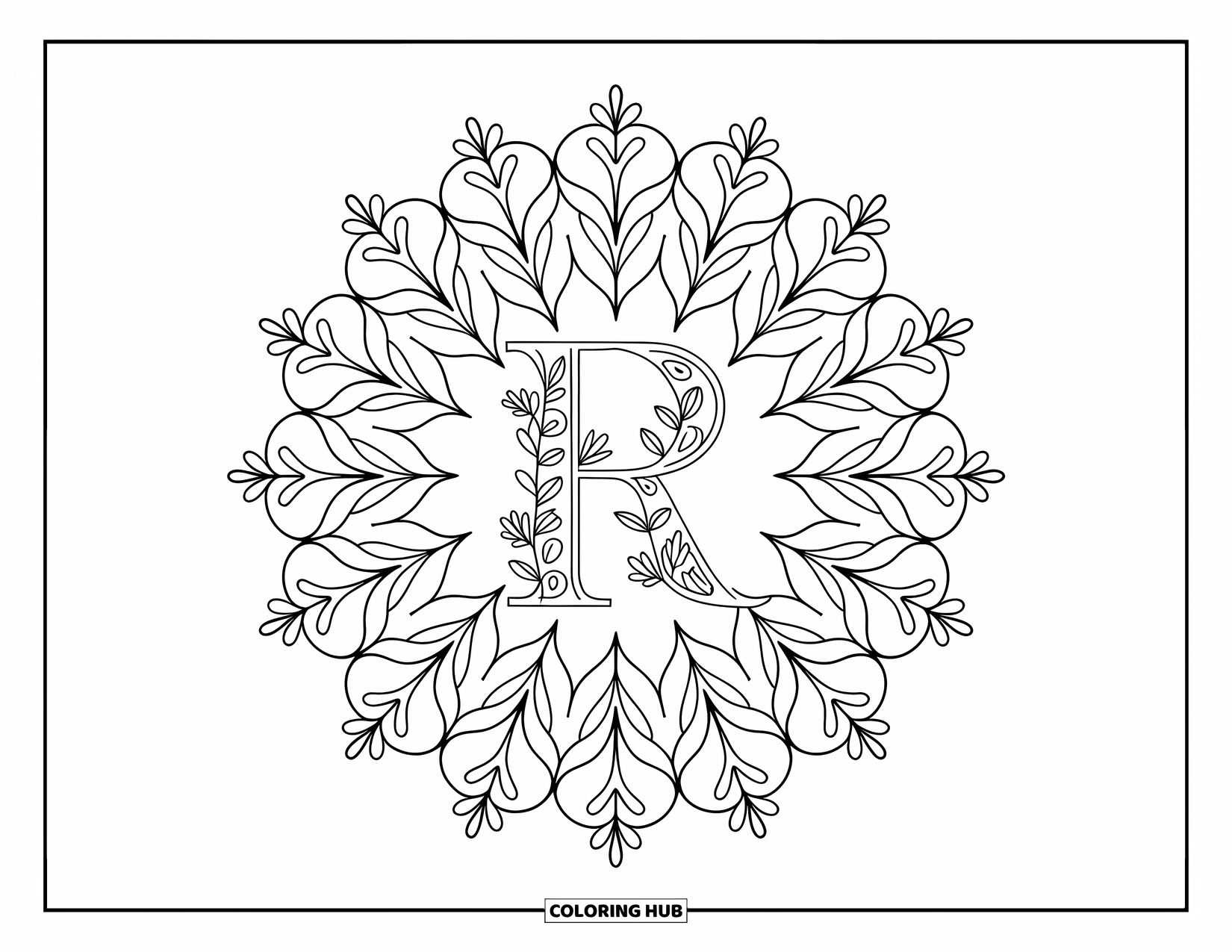 Letter R Coloring Page for Adults: A floral mandala with herbs and petals frames a fancy letter R