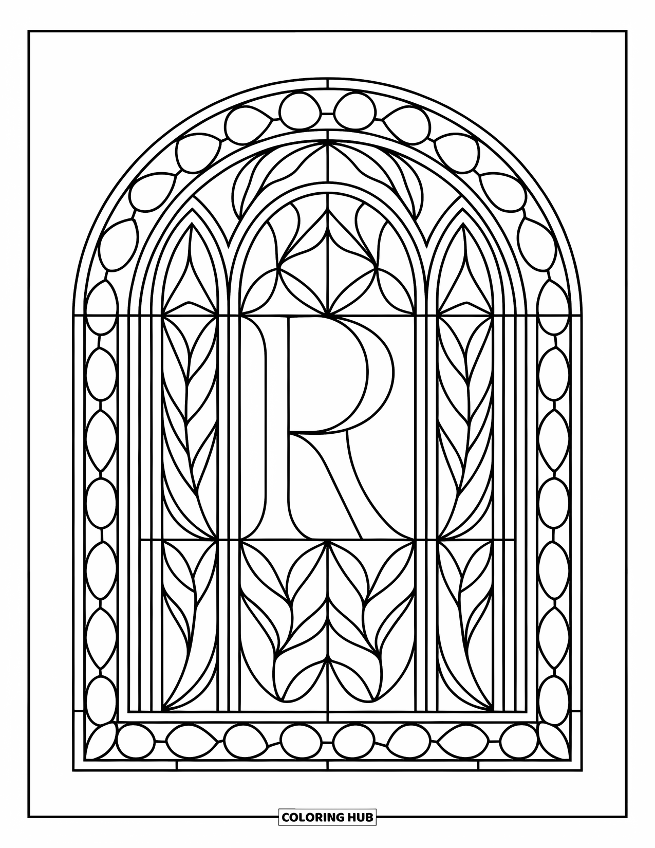 Letter R Coloring Page for Adults: A stained glass pattern with floral tracery surrounds a bold, centered R