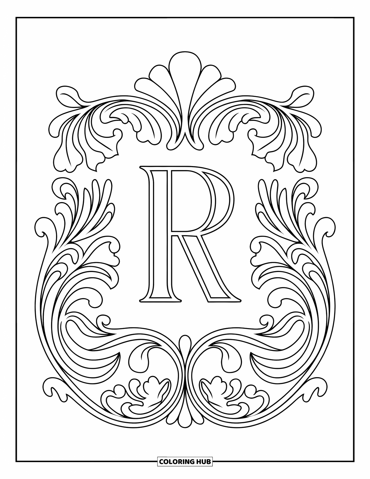 Letter R Coloring Page for Adults: An ornate R blooms in the middle of curling vines and floral flourishes