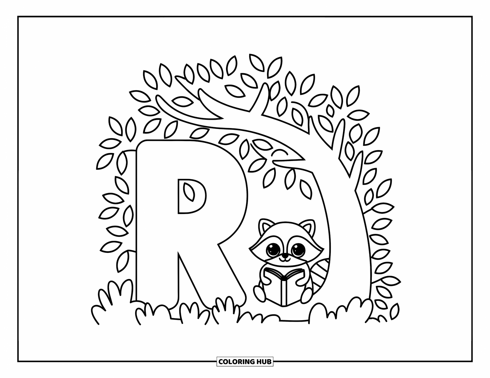 Letter R Coloring Page for Adults: The letter R leans beside a leafy tree with a raccoon reading below