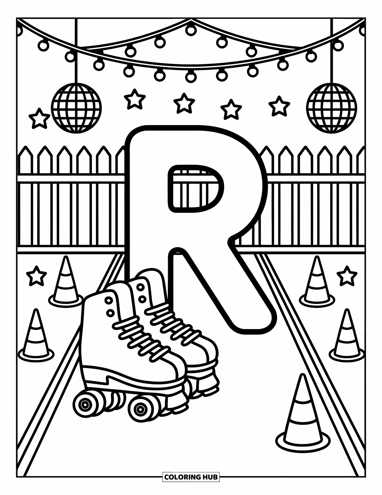 Letter R Coloring Page for Adults: The letter R rests beside skates in a rink with stars and disco balls