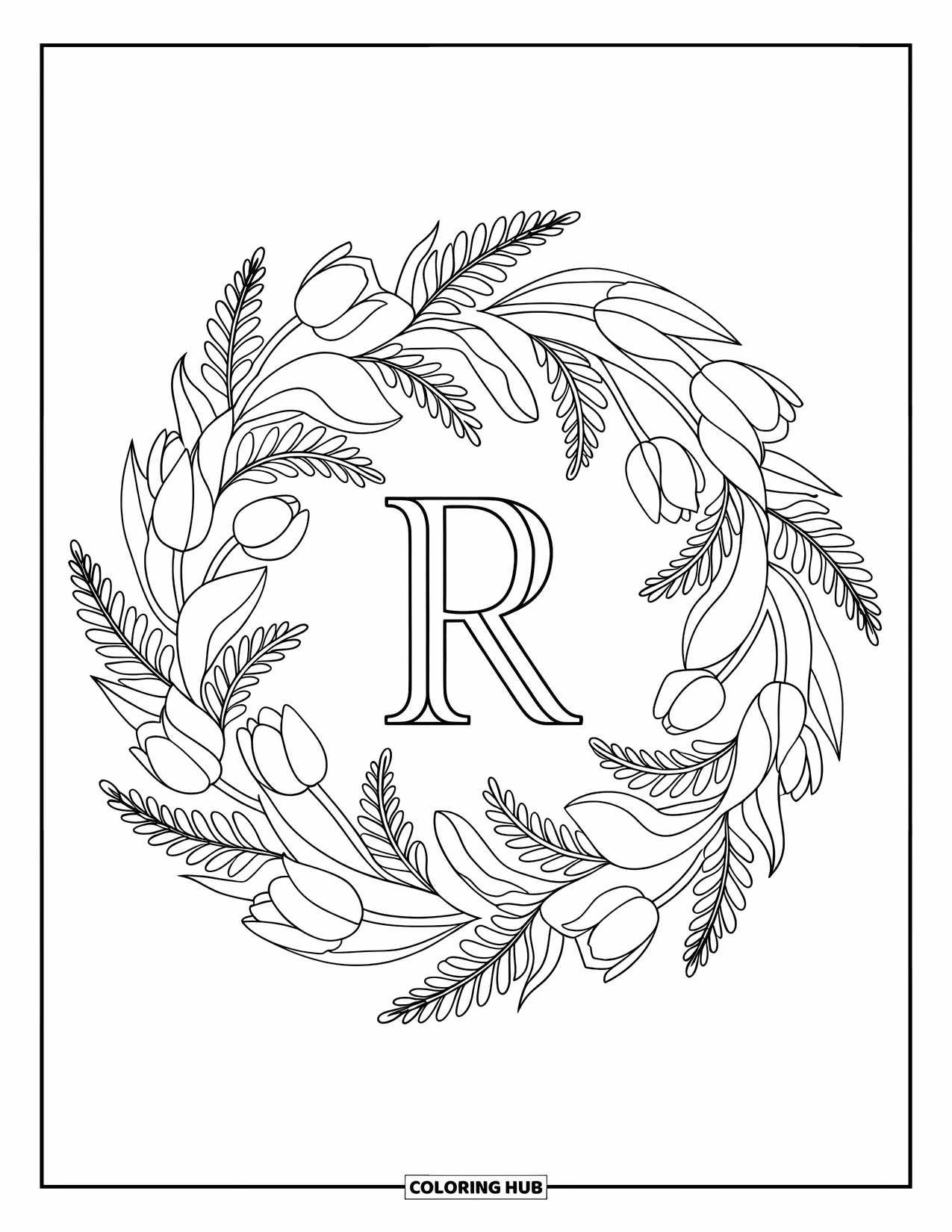 Letter R Coloring Page for Adults: Tulips, ferns, and buds form a wreath mandala around an elegant letter R