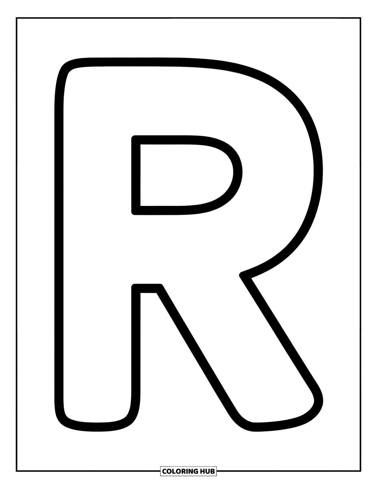 Letter R Coloring Page for Kids: A large uppercase R with thick lines is easy and fun to color